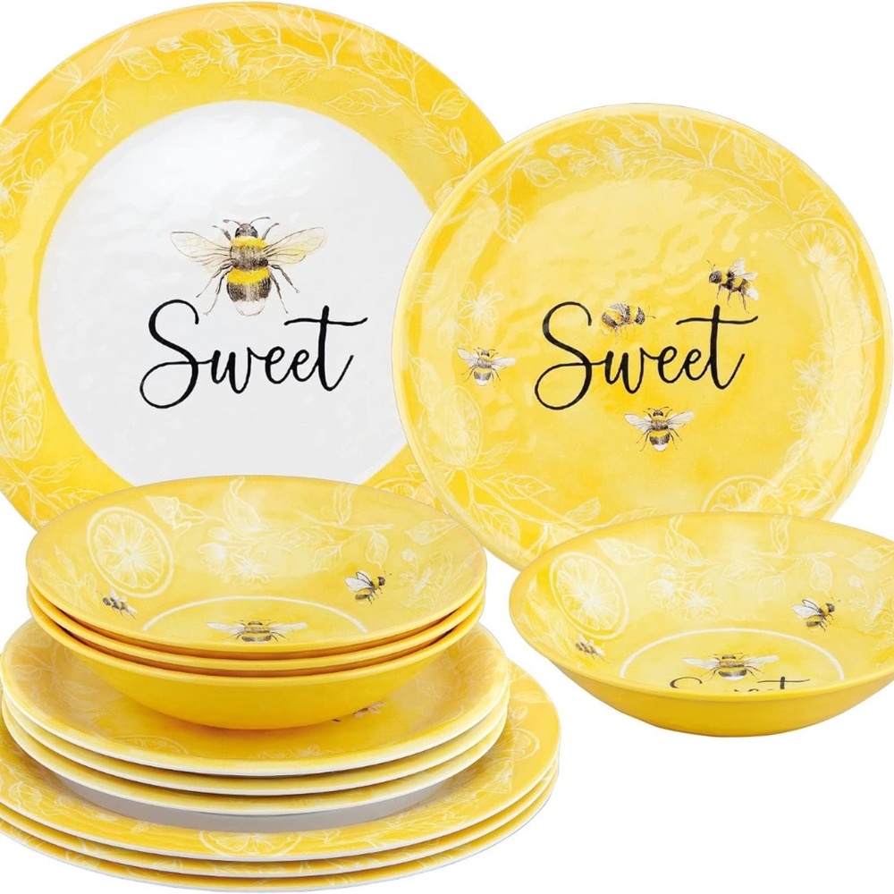 12-Piece Melamine Dinnerware Set, Bee Design